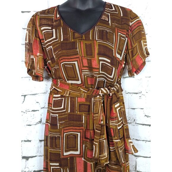 LOLA P. Vintage Geometric Print Maxi Dress Boho Hippie Retro Column Dress Large - Picture 2 of 12